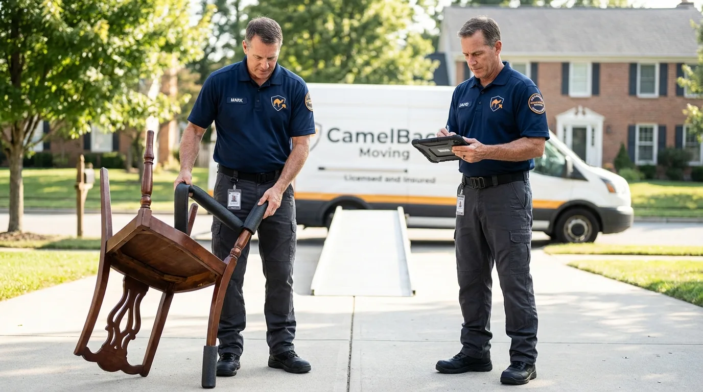 Movers inspecting furniture for damage prevention before loading in Temple Hills, MD