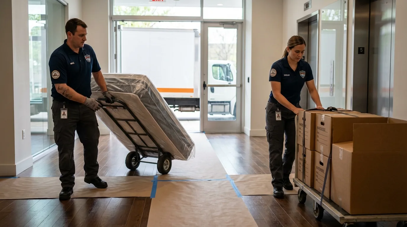 Professional apartment movers loading elevator in Temple Hills, MD