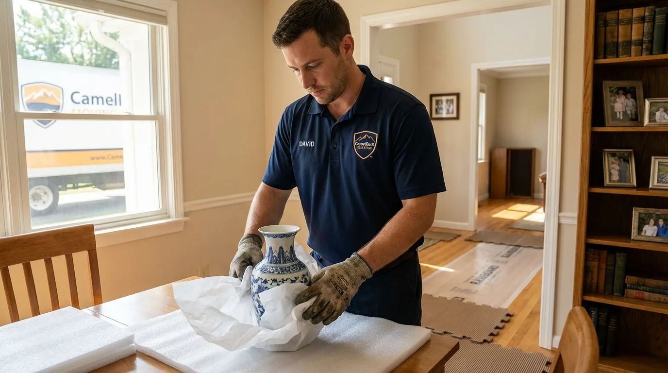 Professional crew carefully wrapping antique vase for senior downsizing move in Temple Hills, MD